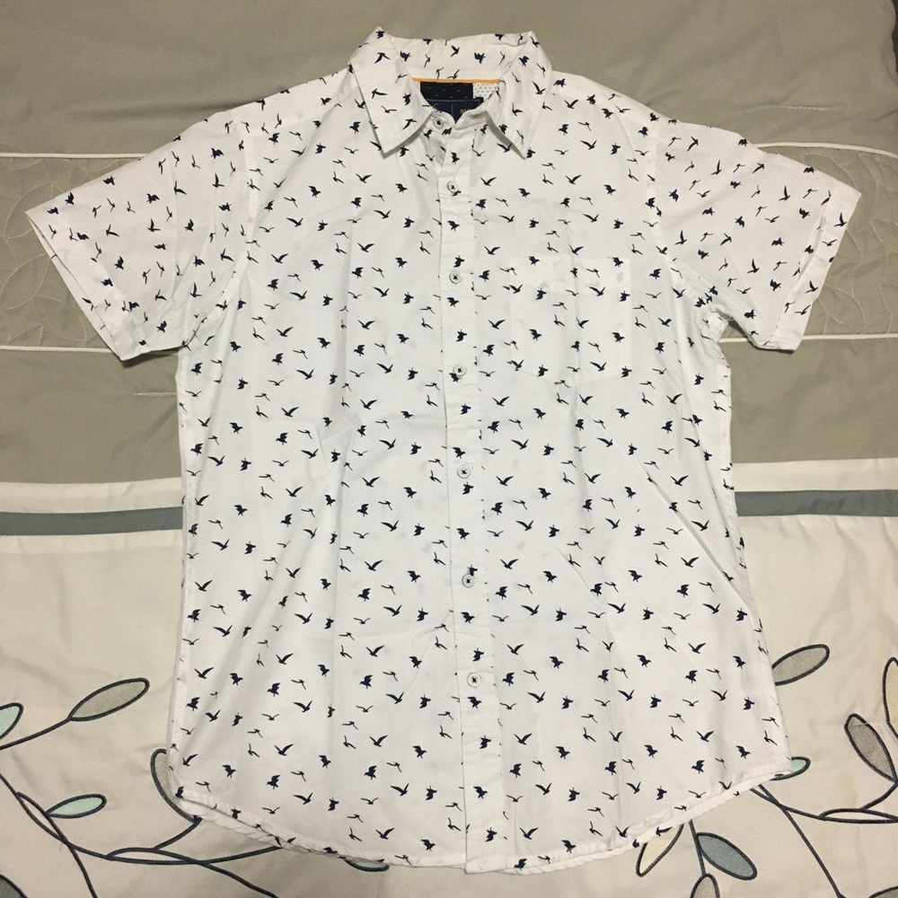 Bird print mens button-down, S